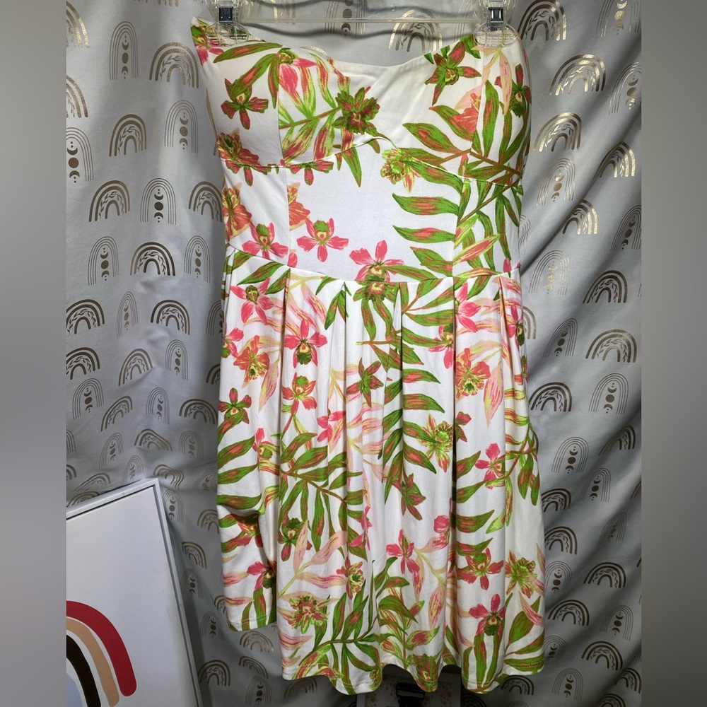 Derek Heart Strapless Dress with Pink and Green Floral Design